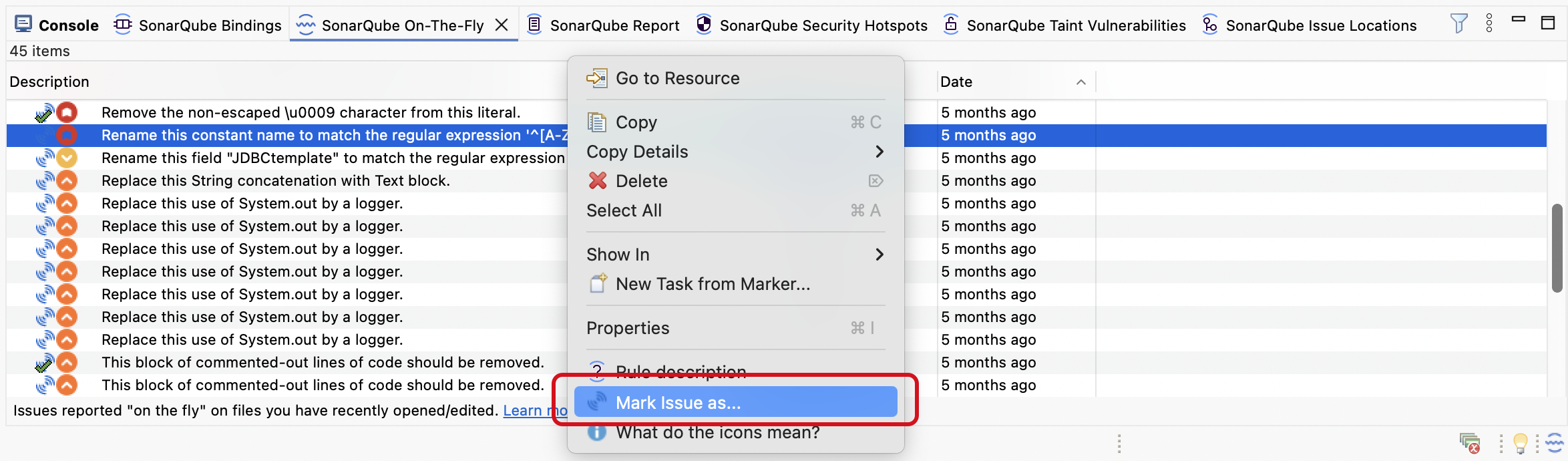 Marking known issues will be reflected in SonarQube Server or on SonarQube Cloud.