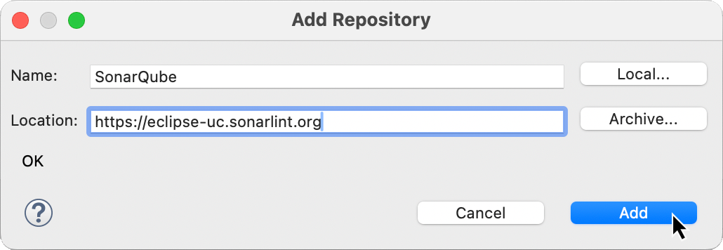 Add the SonarLint repository URL to the Location field in the Installation Wizard; this points to the SonarQube for Eclipse repository.