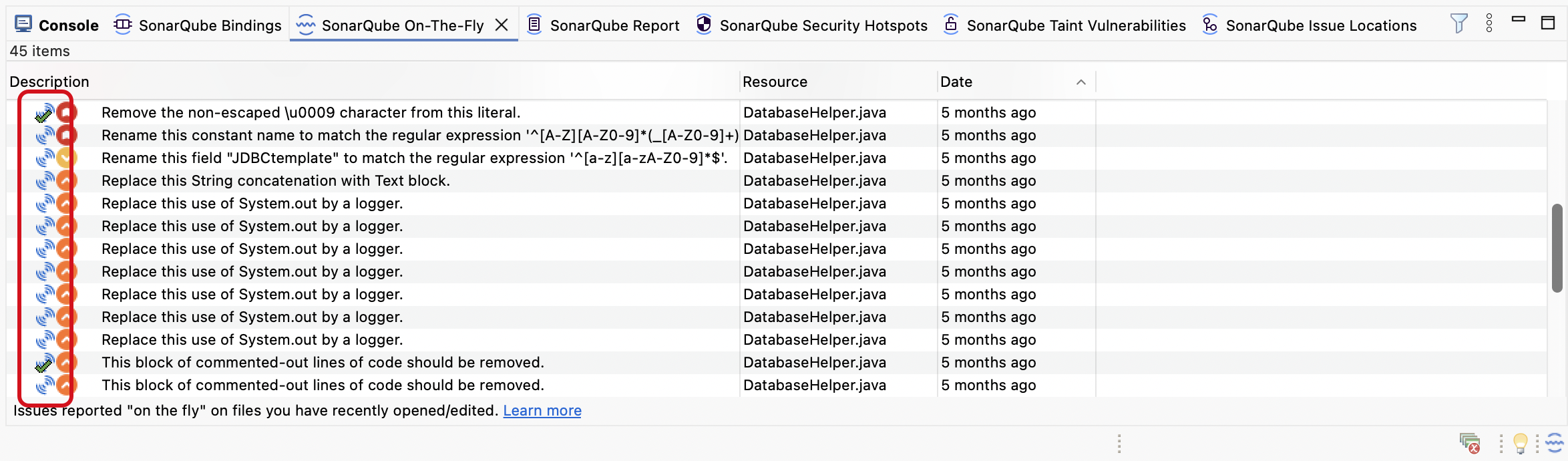 The first issue is Marked as..., the second issue is known to SonarQube Server but not marked, and the third issue in this list is new and not marked.